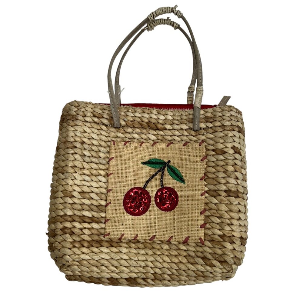 xhilaration straw red sequins cherry straw bag tote purse red gingham lining